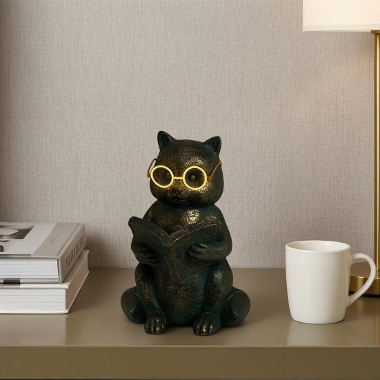 Reading Animal Figurine Retro Owl Rabbit Raccoon Reading Book Statue with Glow in The Dark Glasses for Bookshelf Desktop Home Decor