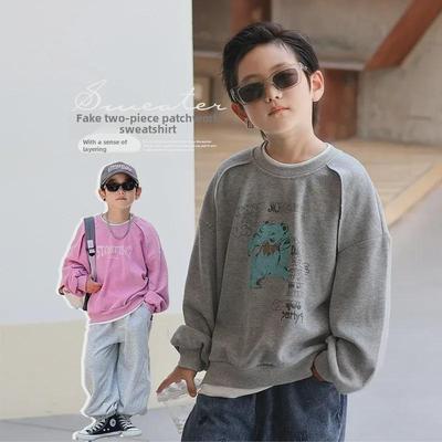 2024 Autumn Korean-Style Kids' Letter Print Spliced Sweatshirt - Casual Two-Piece Look for Boys & Girls