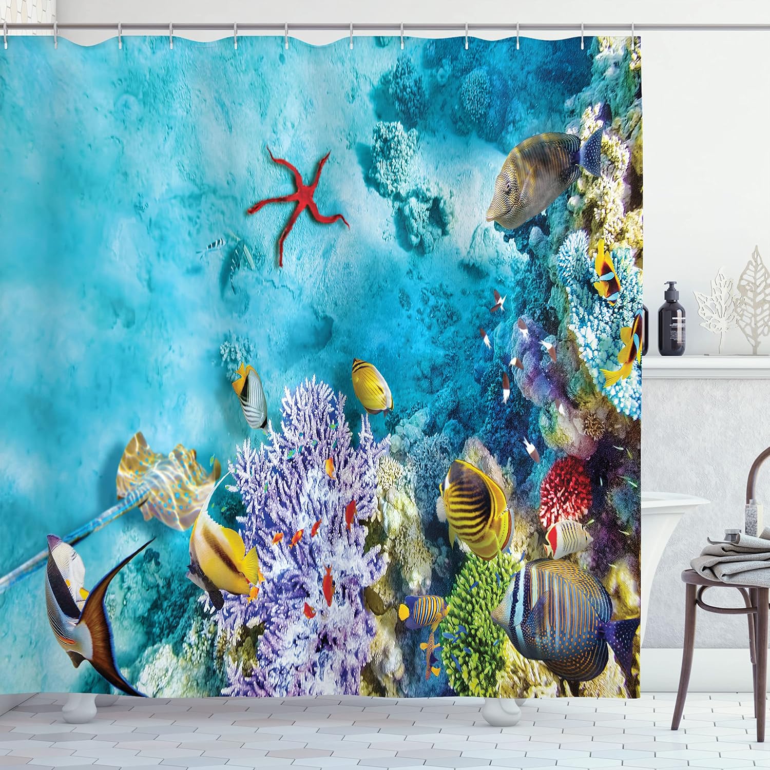 Underwater Coral Reef Shower Curtain Tropical Fish Sea Life Ocean Bathroom Decor Linen180X230 W60H190(CM)-1 Pcs