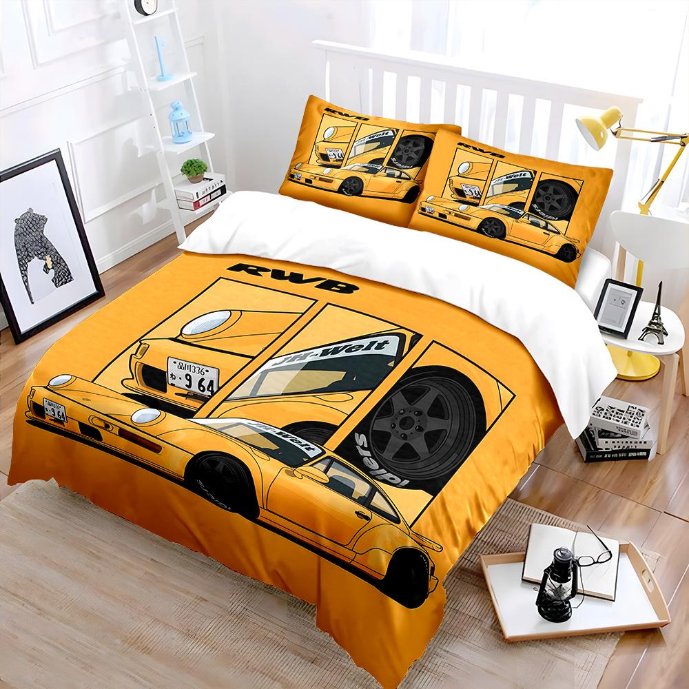 Classic Orange Sports Car Design Bedding Set For Kids Luxury Gift 3Pcs Digital Print Comforter Set Soft Comfortable Breathable (as the picture,EU Twin 135X200cm&set)
