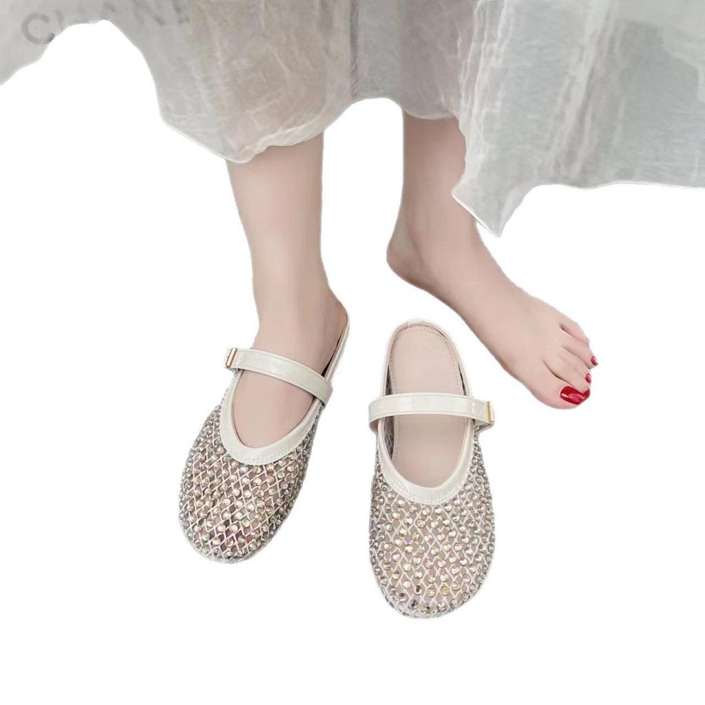 Premium sense rhinestone Mary Jane bag head half slippers women's 2025 new summer wear half tray single shoes French sandals