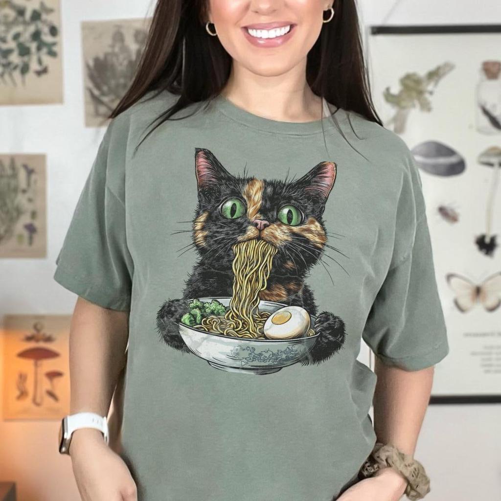 Funny Tortoiseshell Cat eating Ramen noodles T-Shirt, Comfort Colors Tortie Cat Lover Tee, Foodie Tee, funny ramen lover tee, gift for her
