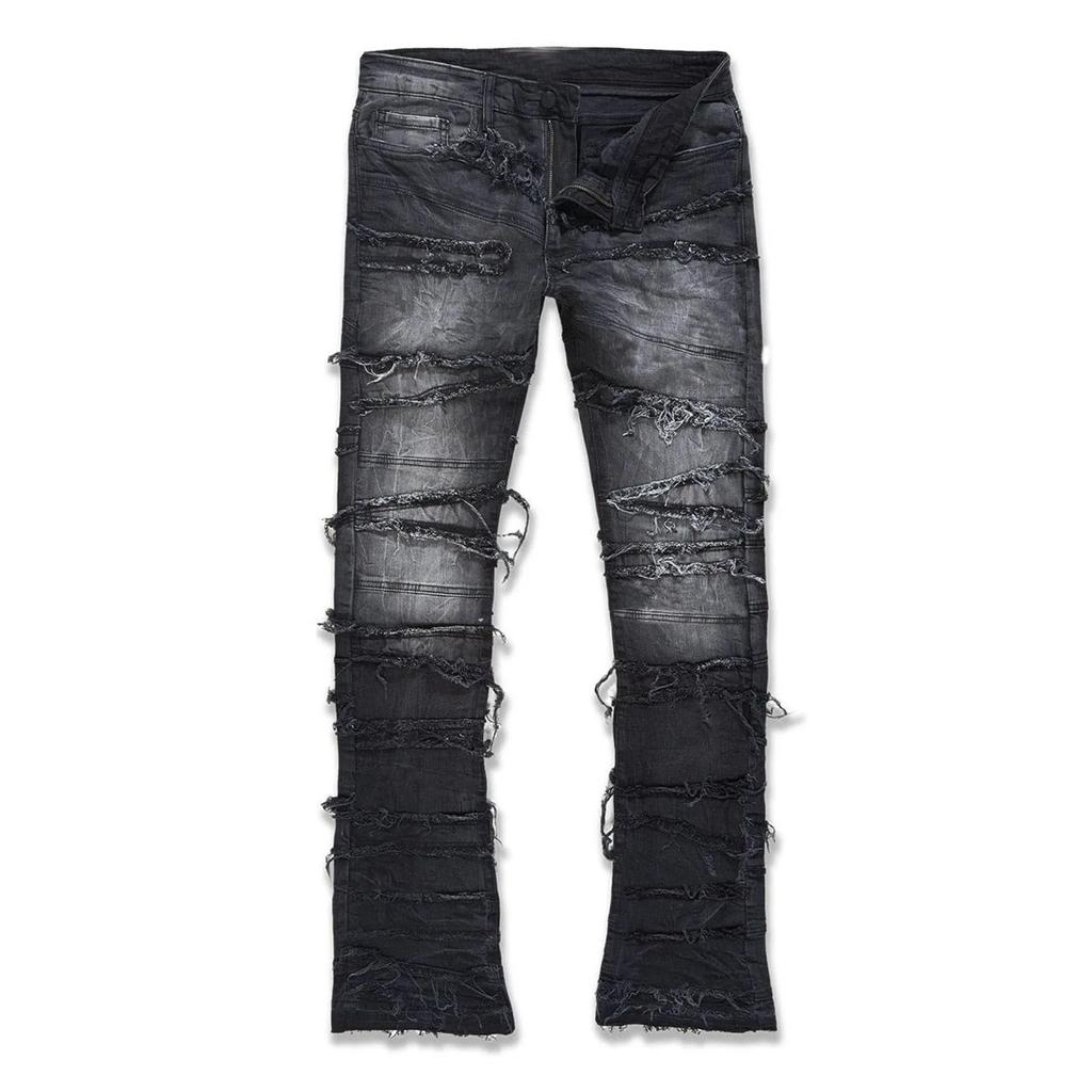 DRIPX New Stacked Jeans Men Patchworks Spliced Denim Ripped Wash Frayed Pants Male's Streetwear Men‘s Tassel Motorcycle Jeans