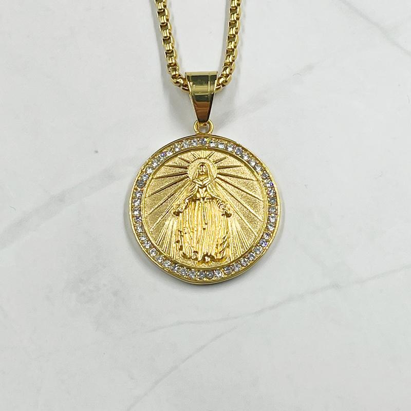 

Religious Stainless Steel Virgin Mary Pendant Necklace with Rhinestone Christian Prayer Amulet Necklace for Women Christmas Gift 60cm