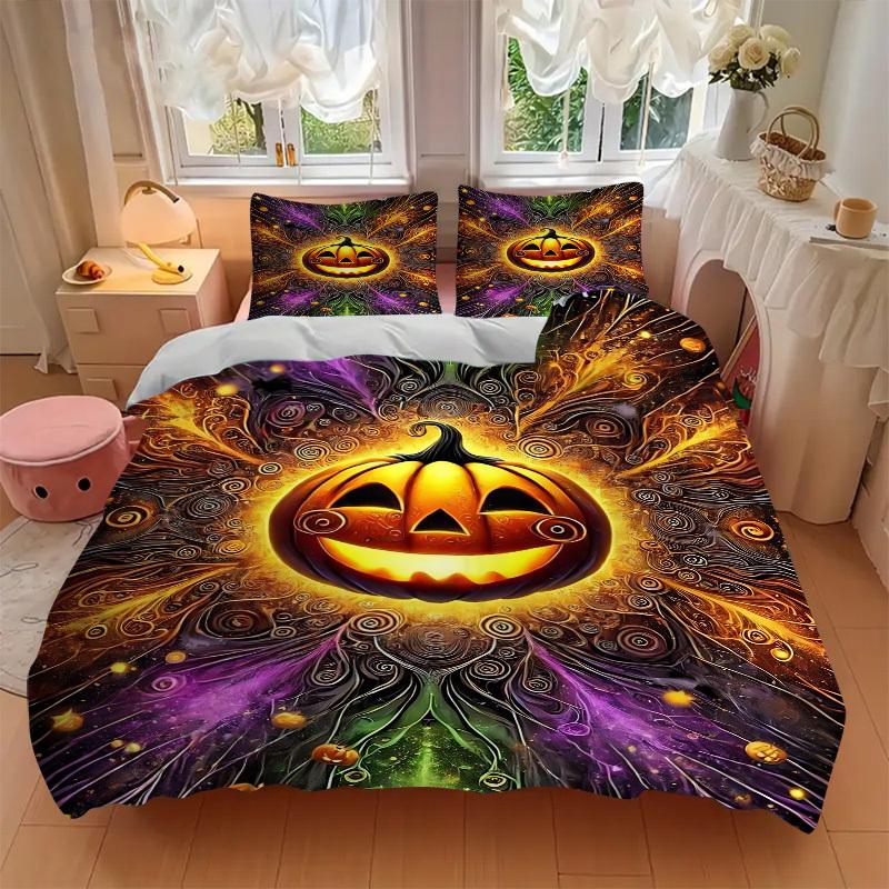 3pcs Pumpkin Halloween Bedding Set, Includes 1 Comforter + 2 Pillowcases, Without Pillow Inserts, Soft Comfortable, Lightweight Breathable,