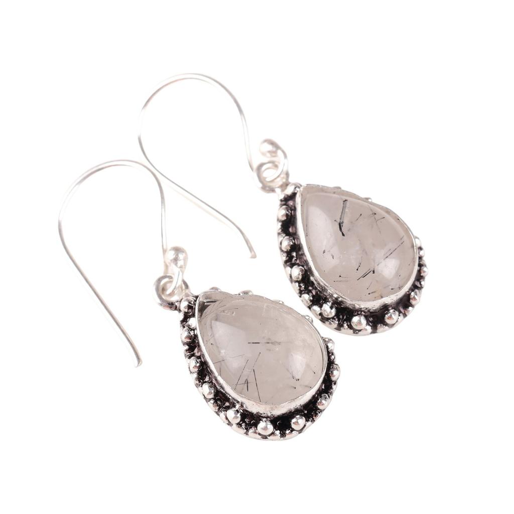 Natural Black Rutile Gemstone 925 Sterling Silver Jewelry Earrings 1.41" For Her EE-97-29