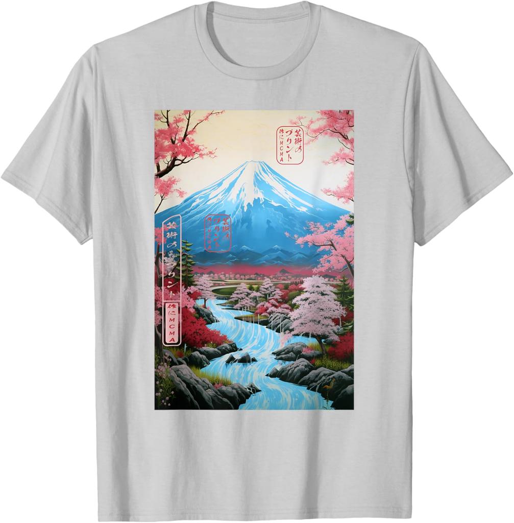 Mount Fuji Ukiyoe Cherry Blossom Graphic TShirt Soft Cotton Casual Short Sleeve Tee for Men