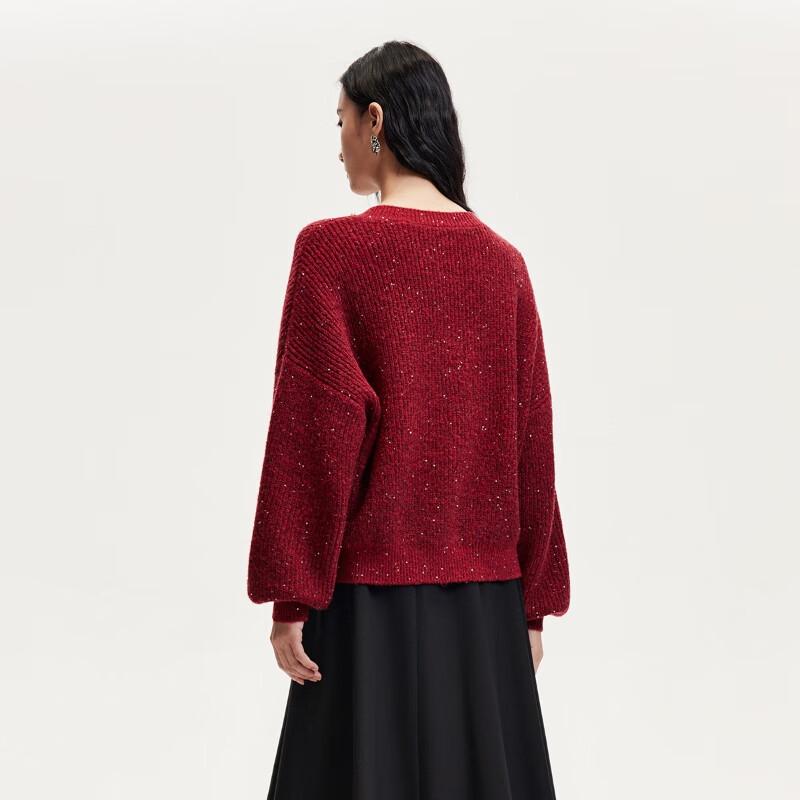 Veromoda Women's Loose Fit V-Neck Wool Blend Knit Sweater with Bow-Knot & Sequins