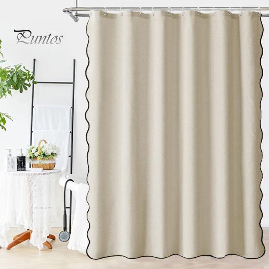 Bathroom Decor Curtain Scalloped Shower Heavy Duty Waterproof with 12 Hooks Washable Thick Cloth Black Border for Hotel Bathtub Decorative