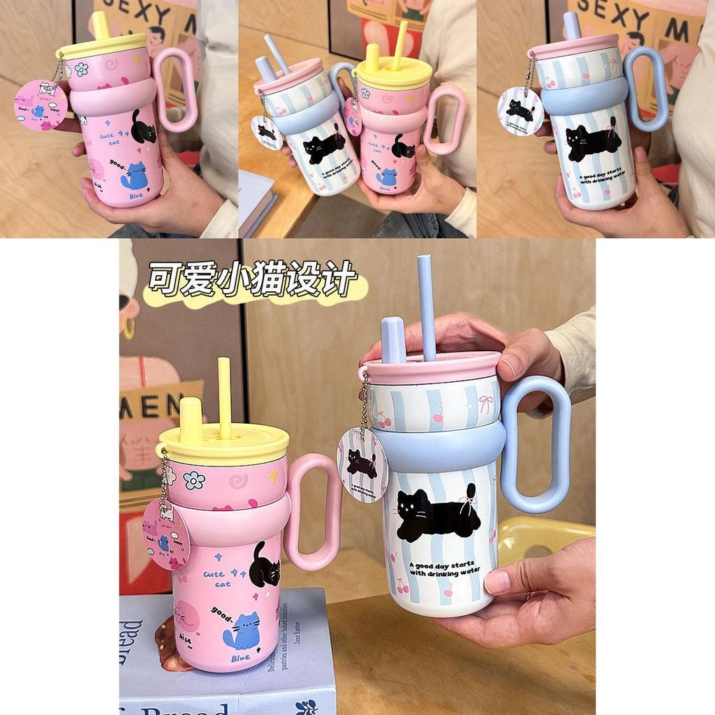 Isolierte Wasserflasche mit großem Fassungsvermögen, Griff und Strohhalm für Schule und Reise