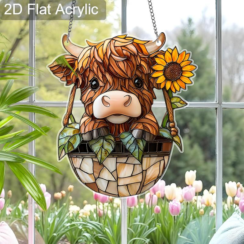 Acrylic Highland Cow with Sunflower Suncatcher Stained Glass Effect Window Hanging Ornament Farm Animal Lover Gifts