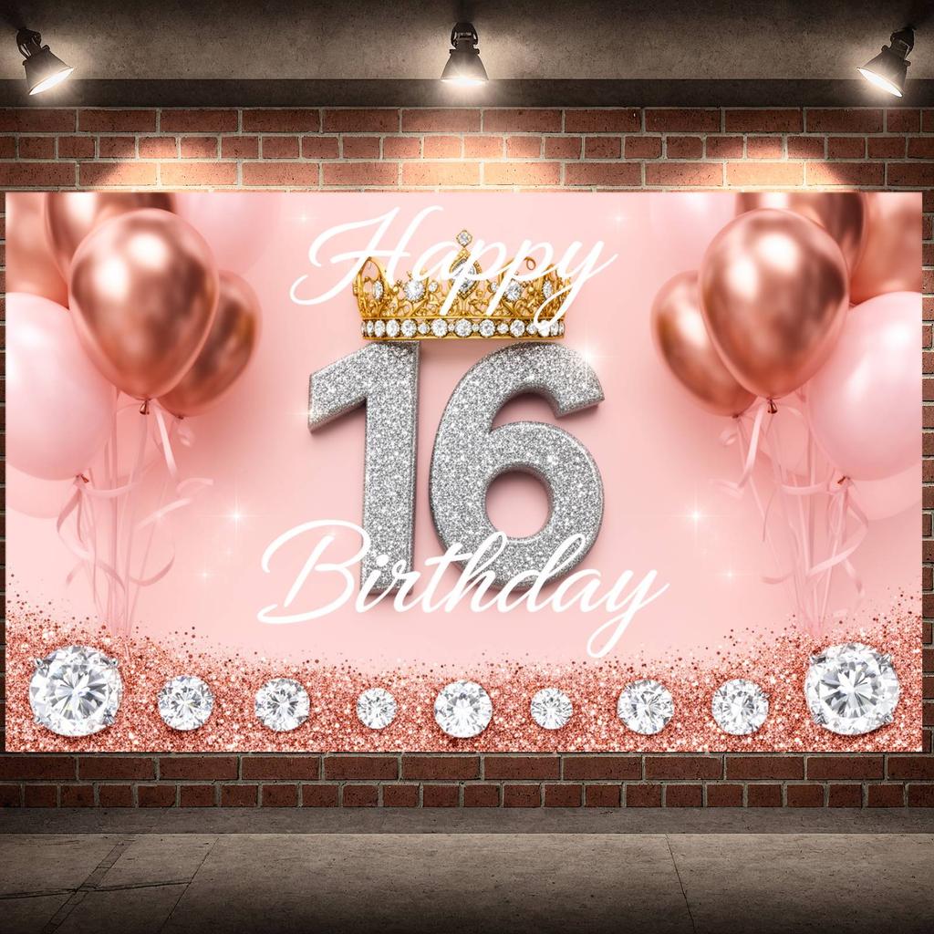 Affiche d'Anniversaire Sweet 16 Chiffres Argentés Scintillants Bannière Joyeux 16e Anniversaire Bannière 16e Anniversaire Fond Rose Pour Photo de Fête