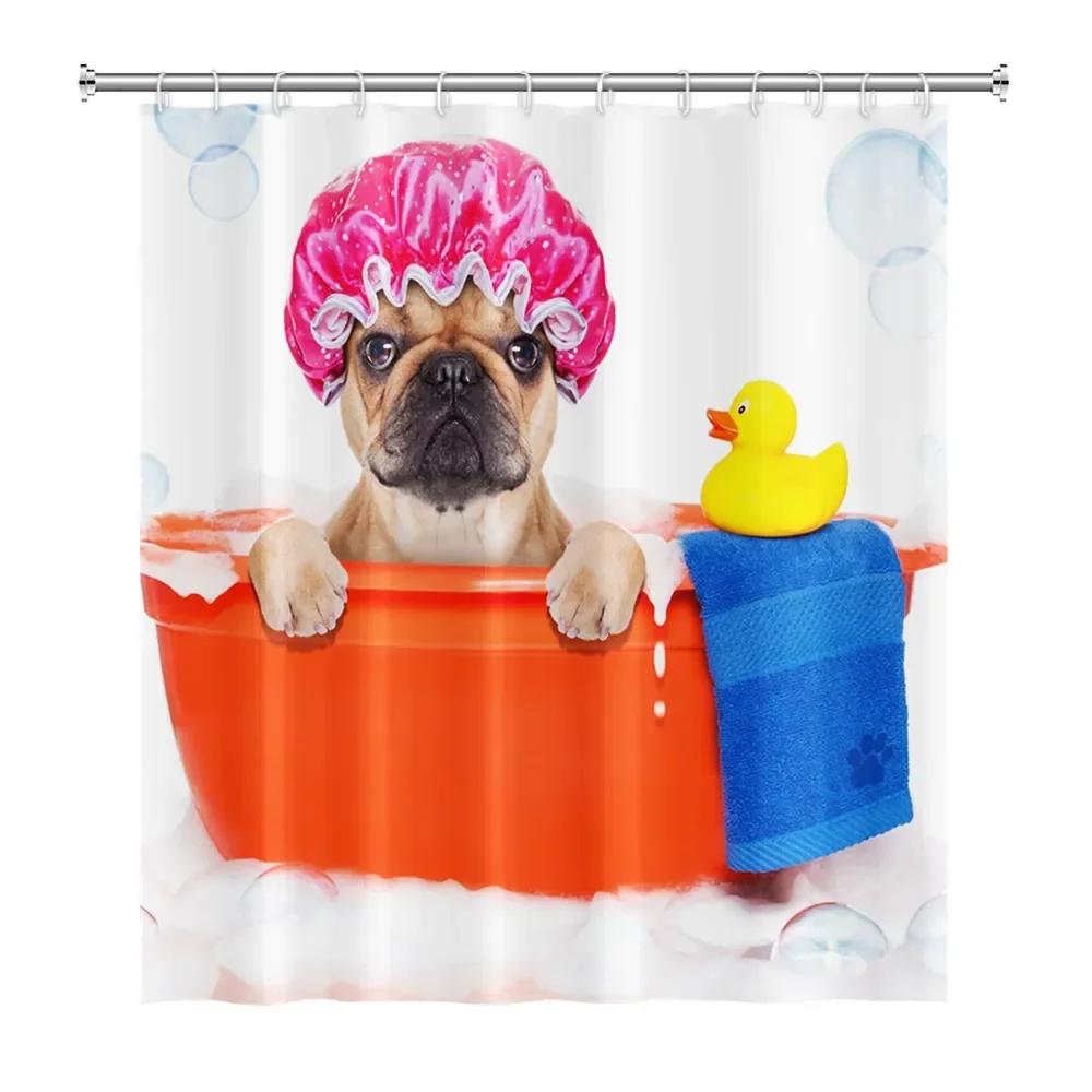 Funny Cat Shower Curtain Cartoon Cute Cats Dog Kids Shower Curtain for Bathroom Waterproof Polyester Home Decor Shower Curtains