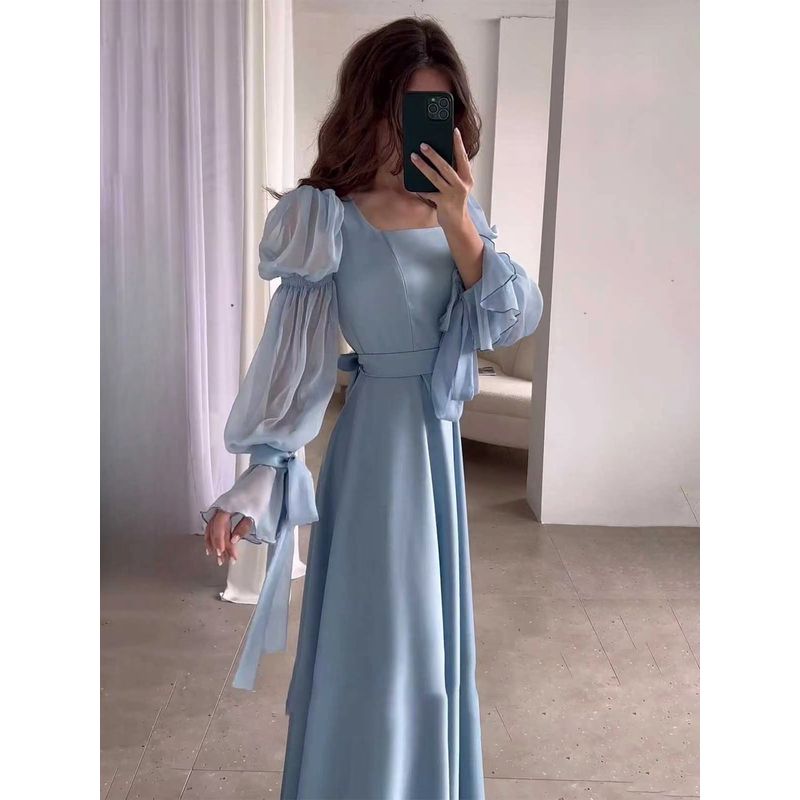 New Arrival French Women's Clothing Square Collar Puff Sleeve Dress Square Neck Bubble Sleeve Dress
