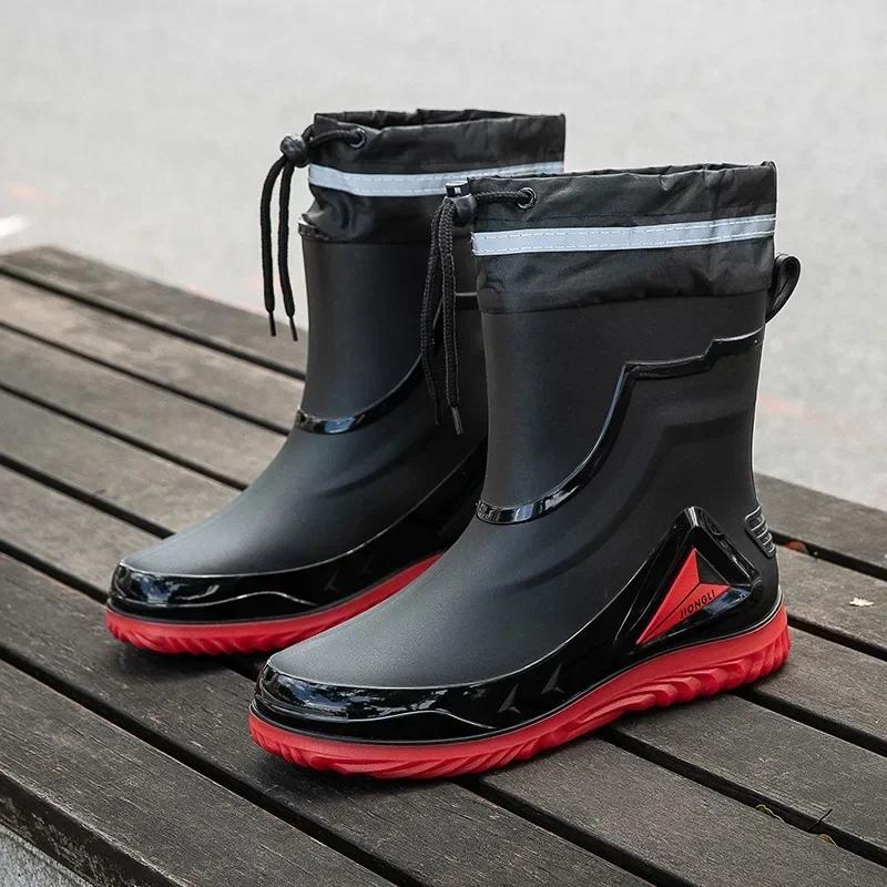 High Quality Rain Boots for Men, Drawstring Waterproof Shoes, Mid-length Anti-slip Rain Boots, Plus Fleece Rubber Boots for Work