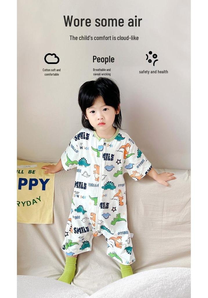 Breathable Baby Cotton Sleep Bag with Short Sleeves - Anti-kick One-piece Pajamas for Spring/Summer