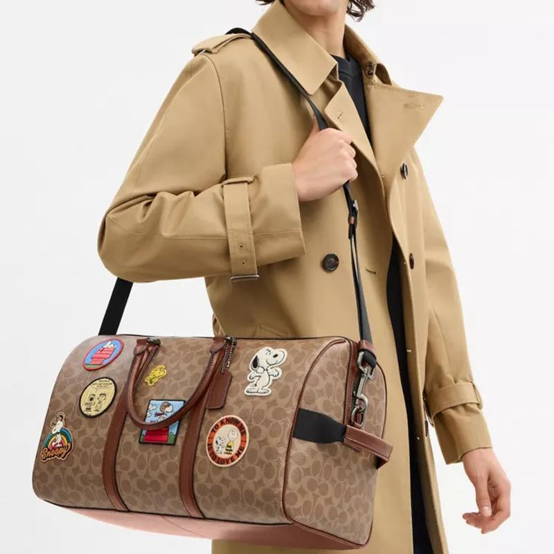 Coach X Peanuts Signature 45 Ventura Logo Coated Canvas And Leather Boston Bag Women Travel Bag Brown CBI42-QBTAM