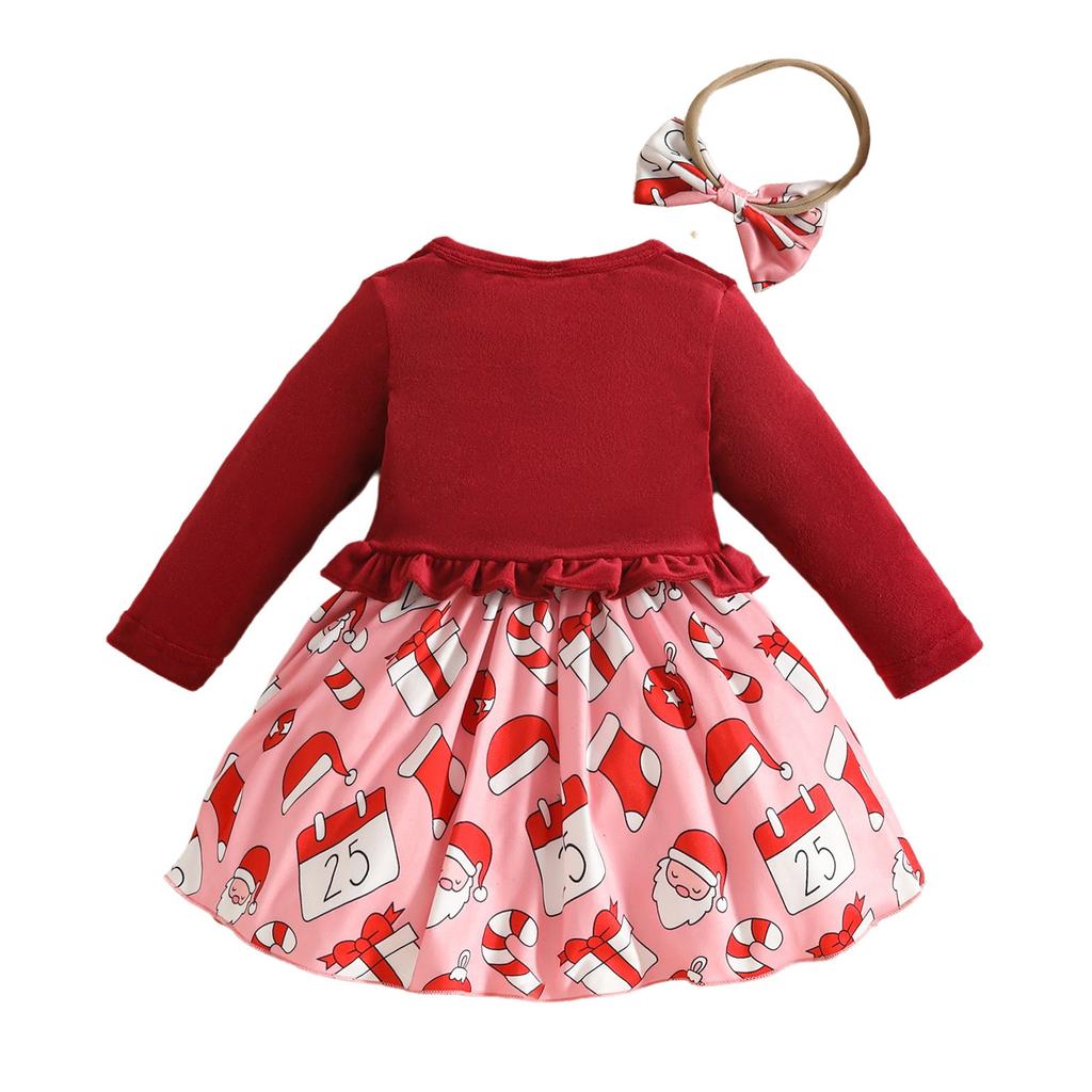 Toddler Girl Christmas Party Dress Set 3-Piece Velvet Cardigan with Headband for Holiday Photo Shoot Outfit