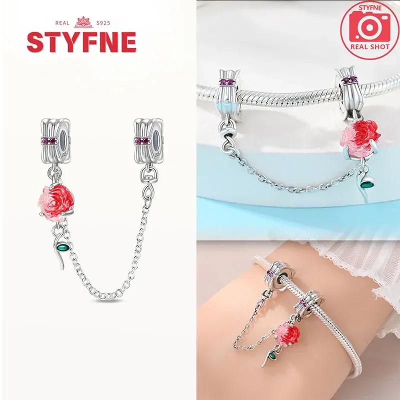 Real Silver 925 Star and Moon Flower Heart Safety Chain Wearable Jewelry Gift Bracelet DIY Beads for Women