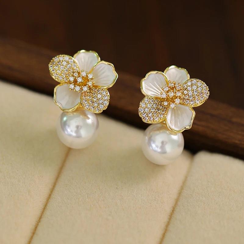 New Summer  Sweet Copper Zircon Colored Glazed Flower Imitation Pearl Earrings Women's Gift Banquet Jewelry 2024