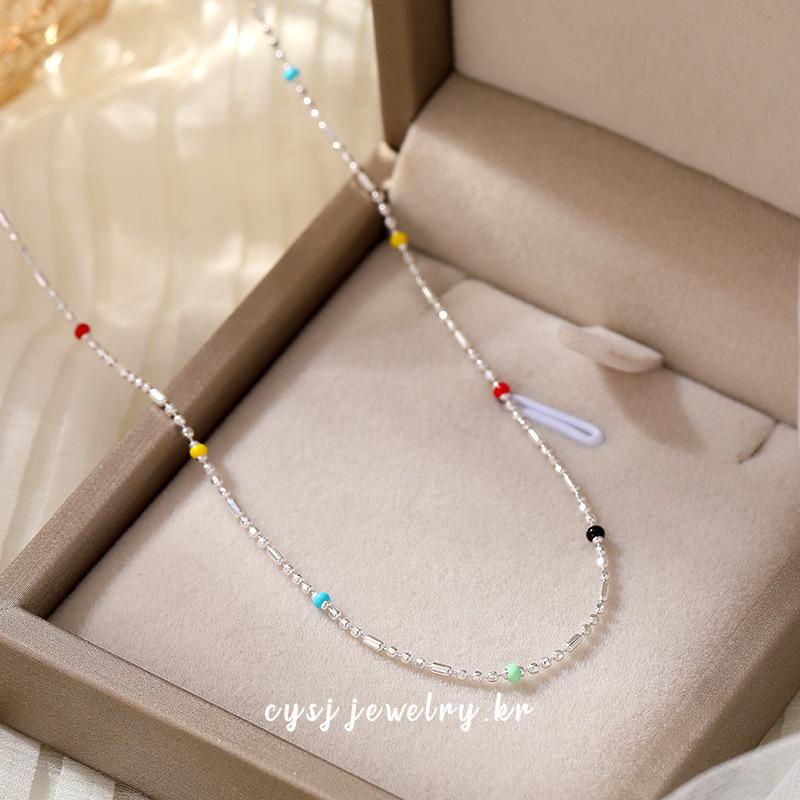 Cui Yan S925 Sterling Silver Korean Style Summer Dopamine Necklace for Women - Rainbow Bead Layered Clavicle Chain