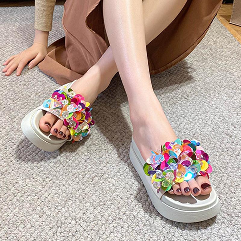 

Fashion Thicken Soled Crystal&Paillette Platform Sandals Woman Flats Slip On Slippers Slip On Ladies Flipflops Open Toe Slides Pantuflas 33 белый