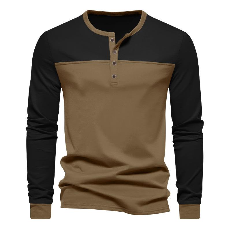 Men's Autumn New American Retro Long-sleeved Colour Blocking Henry Collar Bottoming Shirt Men's T-shirt