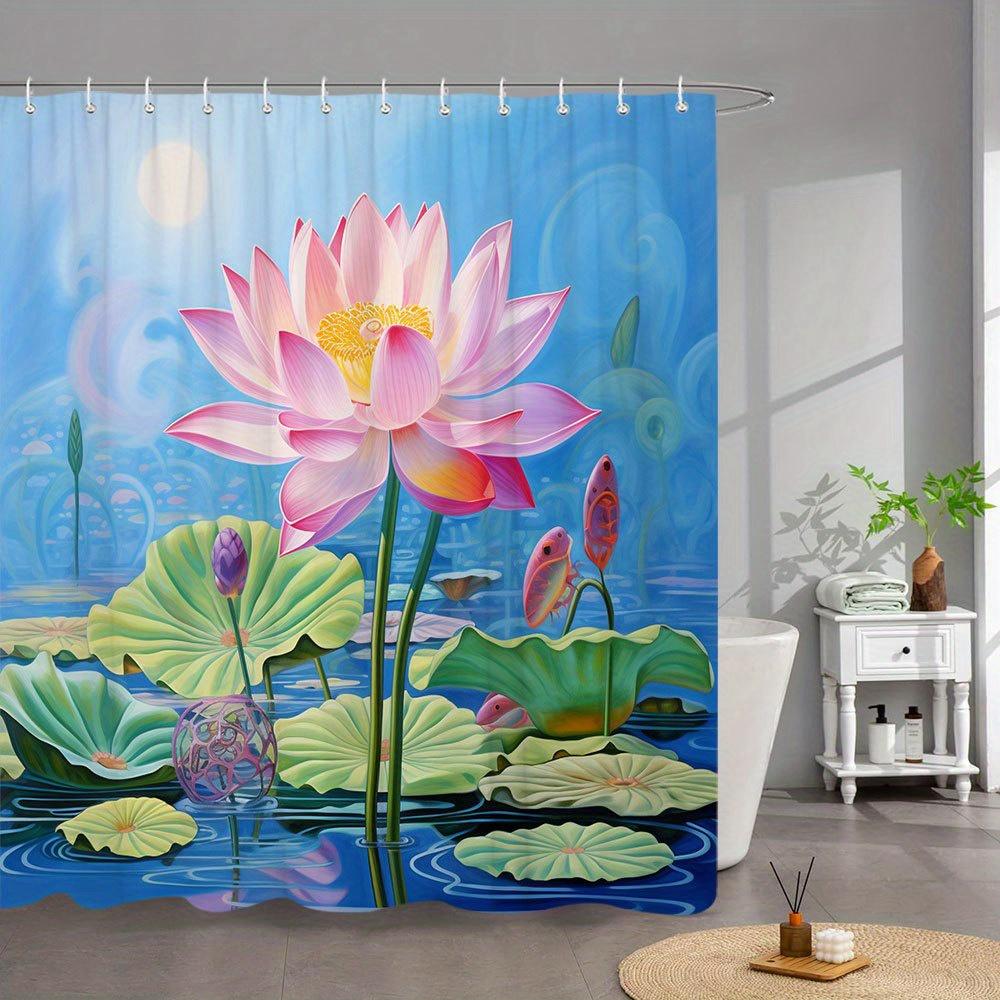 1pc Pink for Lotus Flower Shower Curtain - Vibrant Water Scene with Green Pads & Serene Swirls, 70.86x70.86 Inch Polyester Fabri