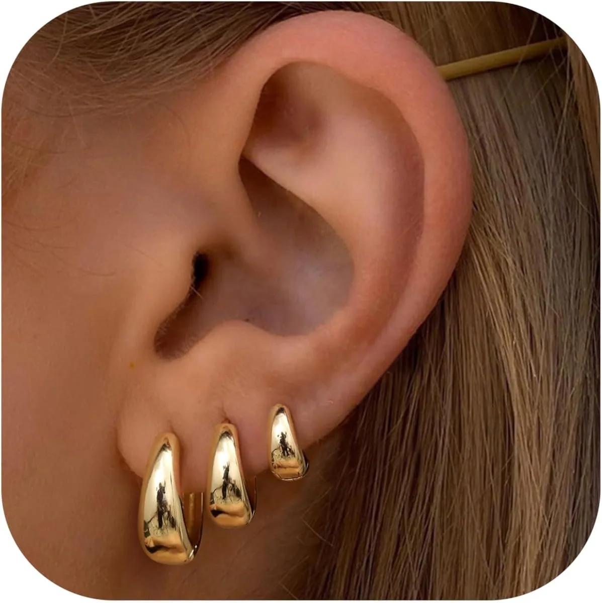3Pairs Hoop Earrings Set for Women Gold Silver Plated Earring Hypoallergenic Small Huggie Hoops Lightweight Hoop Earrings Stack