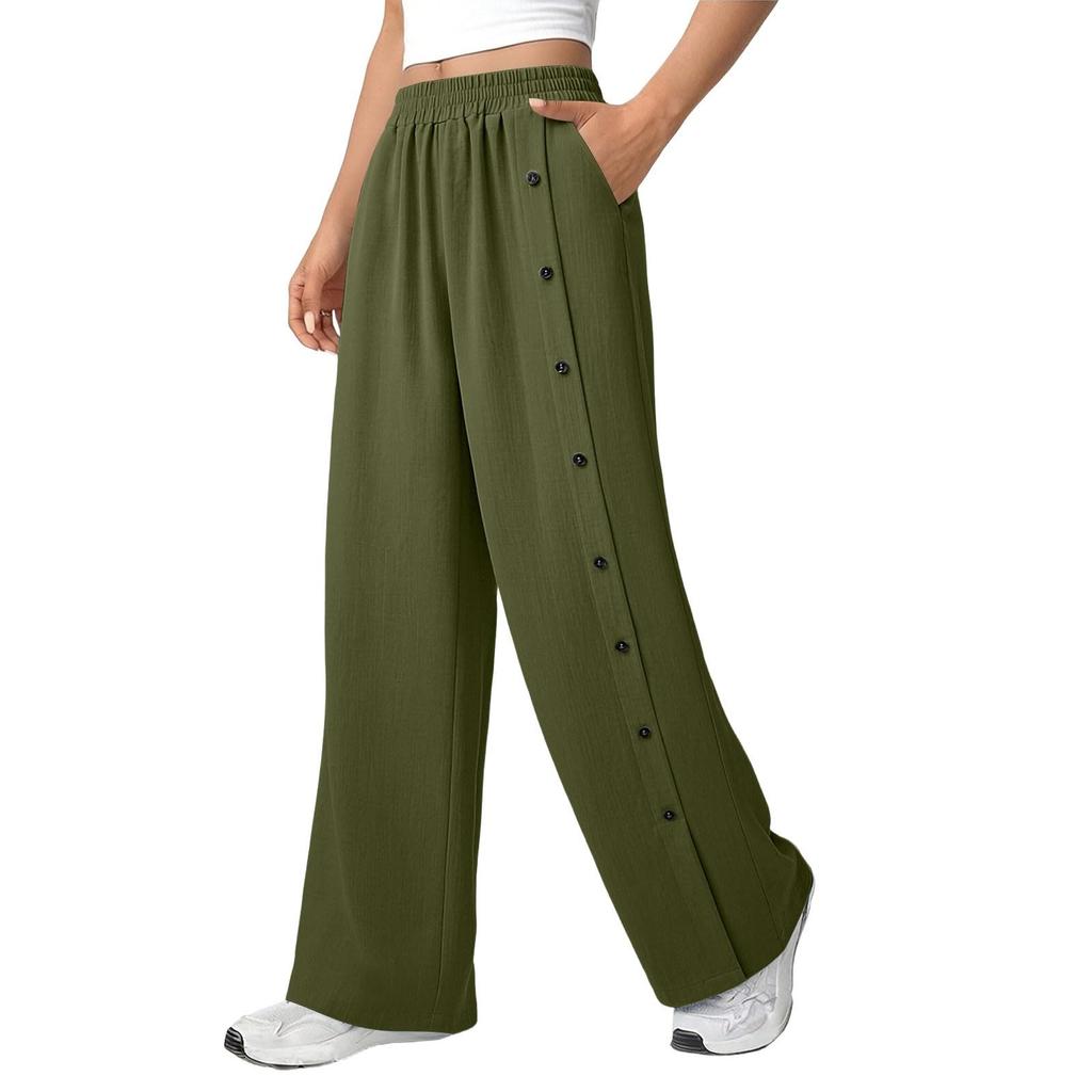 Women's Fashionable Color Button Elastic Waist Straight Tube High Waist Pocket Cotton Linen Casual Pants