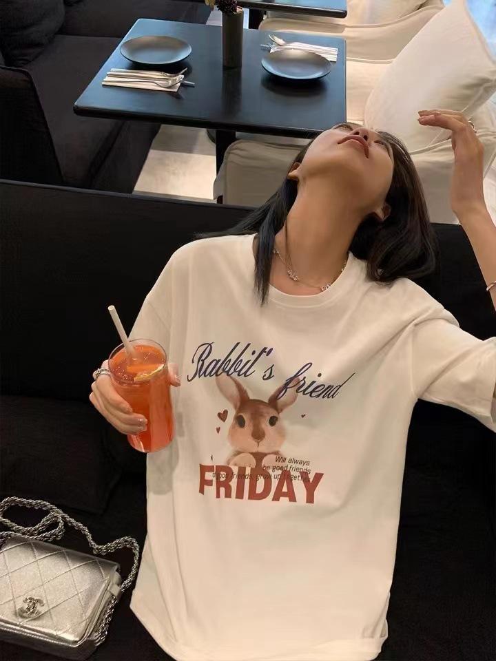 

Rabbit Fei женская футболка с коротким рукавом из чистого хлопка с принтом, новинка весны 2025 года, свободный и универсальный тонкий базовый топ для женщин M белый
