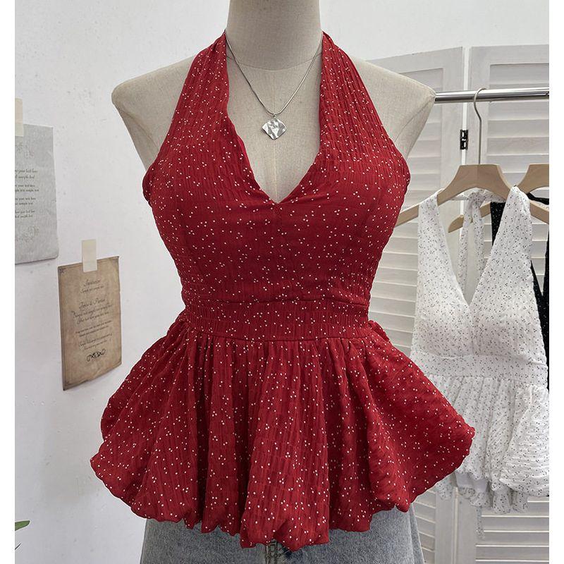 Real Shot of Polka Dot Halter Neck Camisole with Backless Bowknot Skirt, Tummy-Concealing Slimming Short Sleeveless Top 9260 Red One size fits all