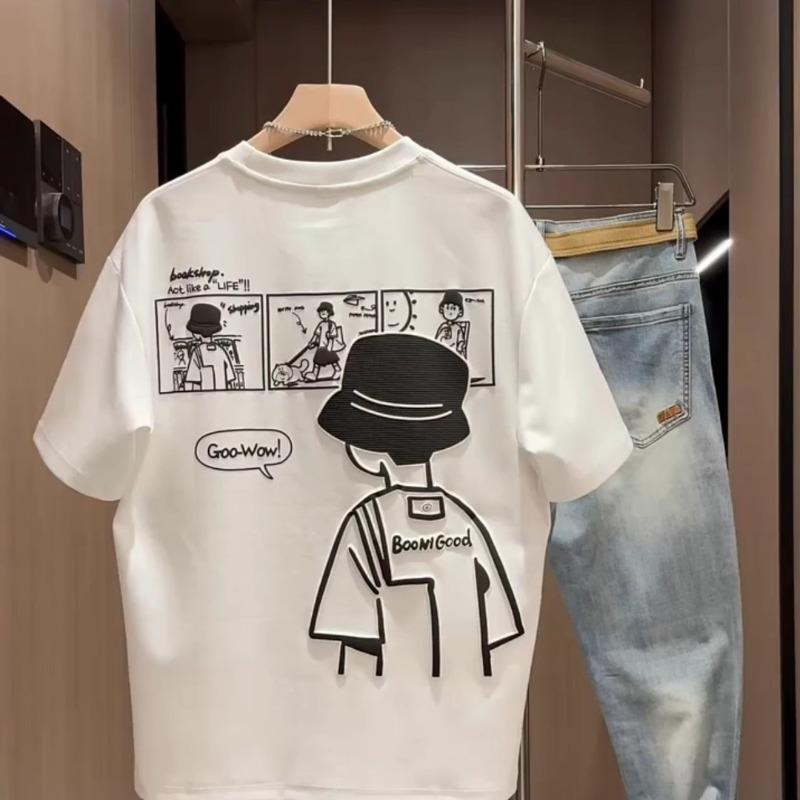 Summer Men'S Short Sleeve Casual Cartoon Printed Crew Neck Top Versatile Half Sleeve Trendy Bottom T-Shirt