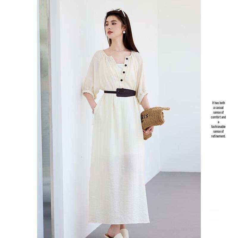 VICTORIA&VERA Women's Mid-Sleeve Cotton Linen Maxi Dress with Belt