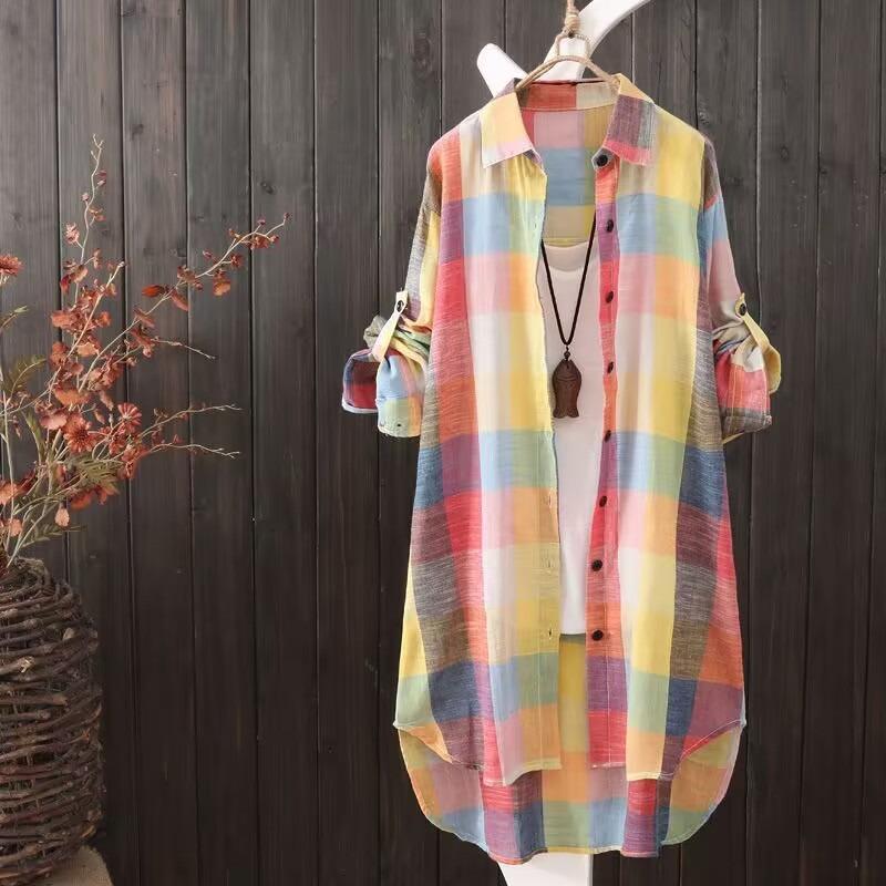 Women's spring and summer sunscreen shirt medium and long large size women's clothing loose and thin fashion plaid shirt jacket