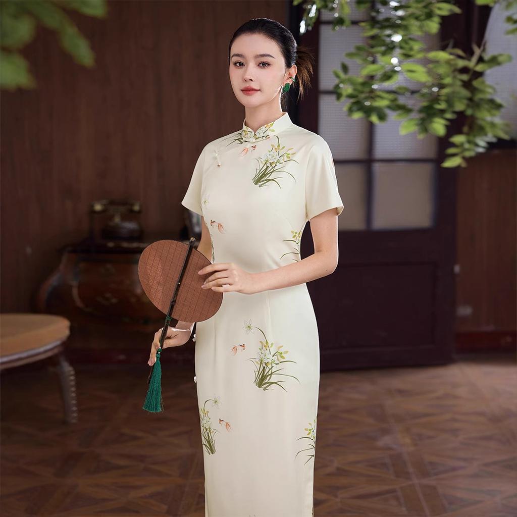 1011 Summer New Printed Cheongsam High-end Temperament Plain and Elegant Dress White New Chinese Daily Short-sleeved Long
