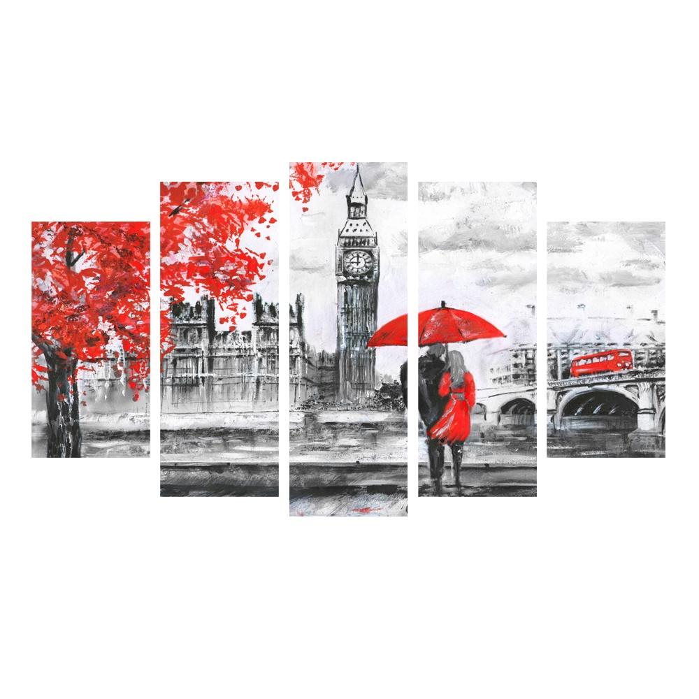 5 Panels Landscape Posters Canvas Painting Building Prints Red London Clock Modern Home Decor Wall Art Pictures For Living Room