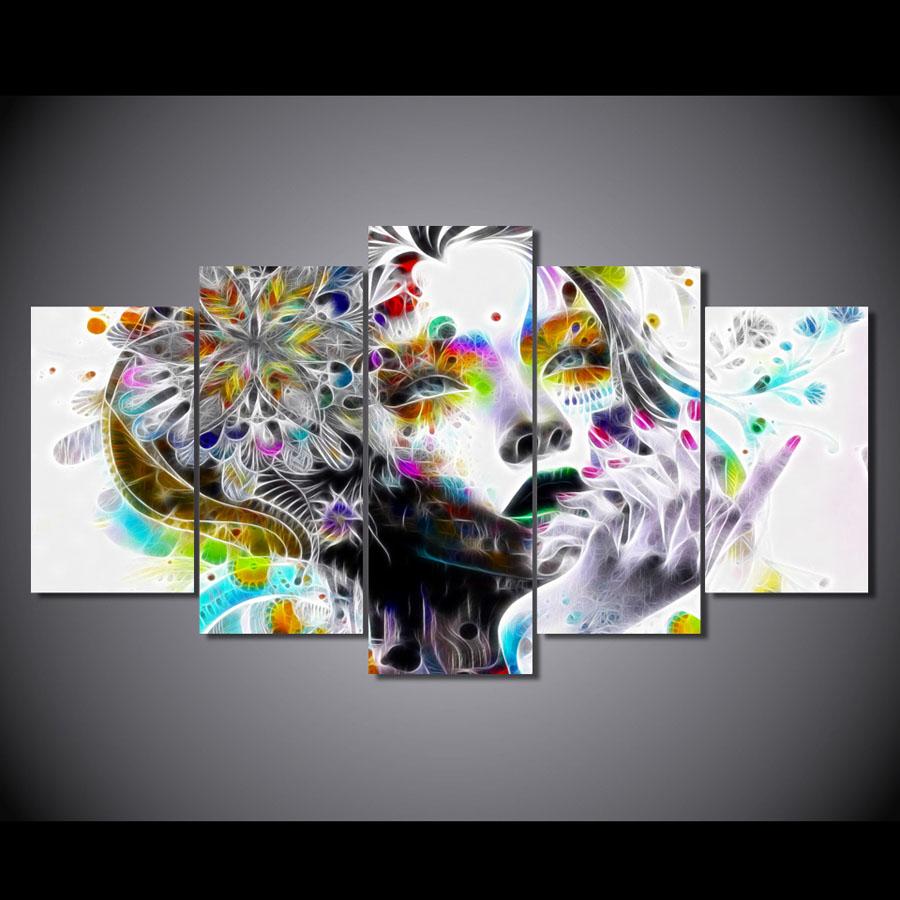 

HD печатает модульные картины для спальни, картины на холсте, 5 шт., психоделическая девушка с цветком, гостиная, домашний настенный художественный декор 20x35cm*2 20x45cm*2 20x55cm*1