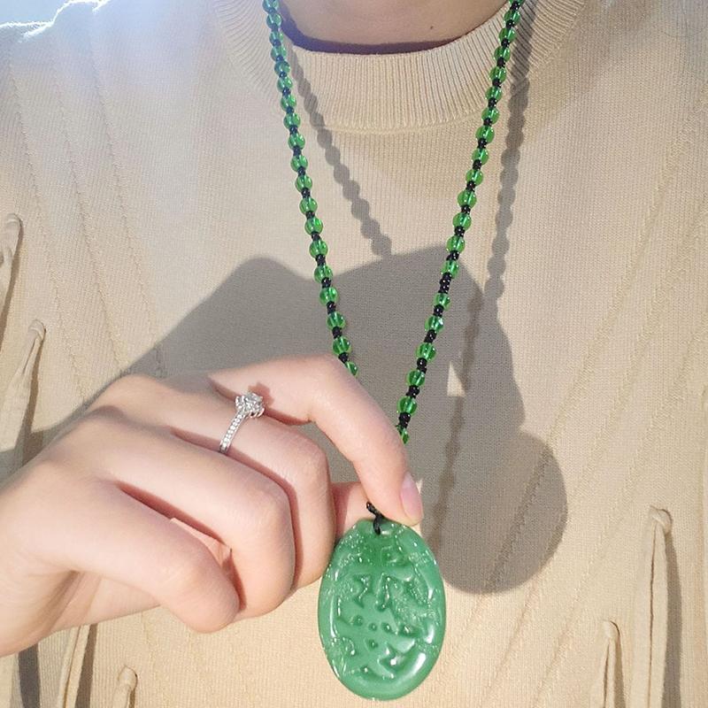 Green Jade Hand-Carved Fox Koi Hollow Jade Pendant Necklace Multicolor Chinese Amulet Women Man'S Lucky Jewelry Gift