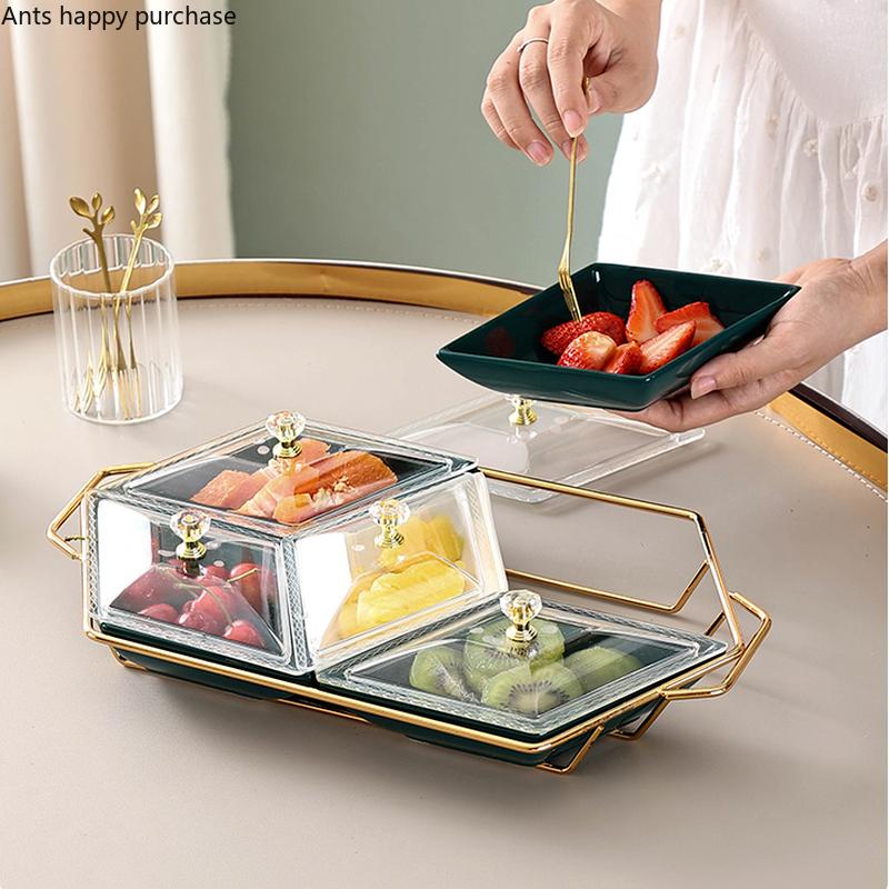 3 Grids 5 Grids Ceramic Snack Tray Acrylic Cover Metal Base Snack Platter Fruit Tray Dried Fruit Plate Salad Bowl Dessert Bowl
