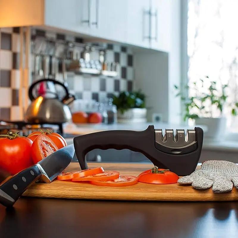 3 Duan Knife Sharpener Kitchen Multifunctional Hand-held Quick Sharpener Non-slip Base Cutting Tool 3 in 1 Kitchen Supply