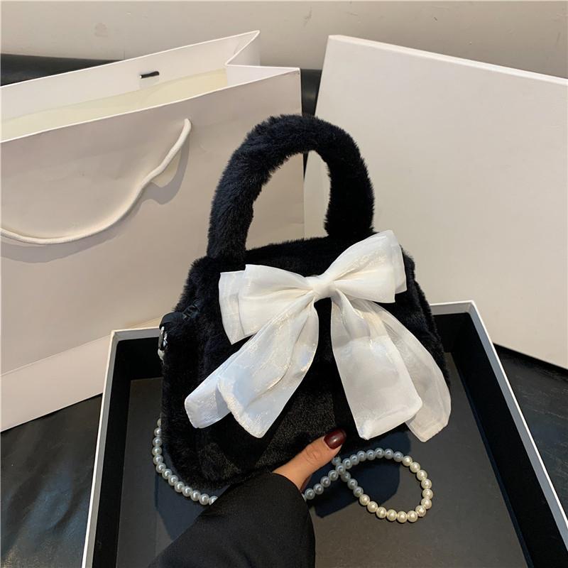 Süße Schleife, süße, mädchenhafte Plüschtasche, Pendeltasche aus Plüsch mit Perlen, Hand-Schulter-Umhängetasche