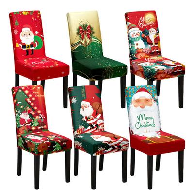 Christmas Chair Cover Dustproof Cartoon Santa Snowman Print Stretchable Fabric Anti-slip New Year Party Decoration