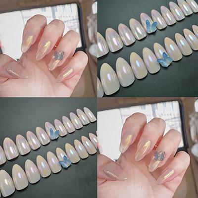 24Pcs Full Nail Tips Aurora Butterfly Mirror Round False Nails Manicure Finished Nail Tools Nail Art Accessories