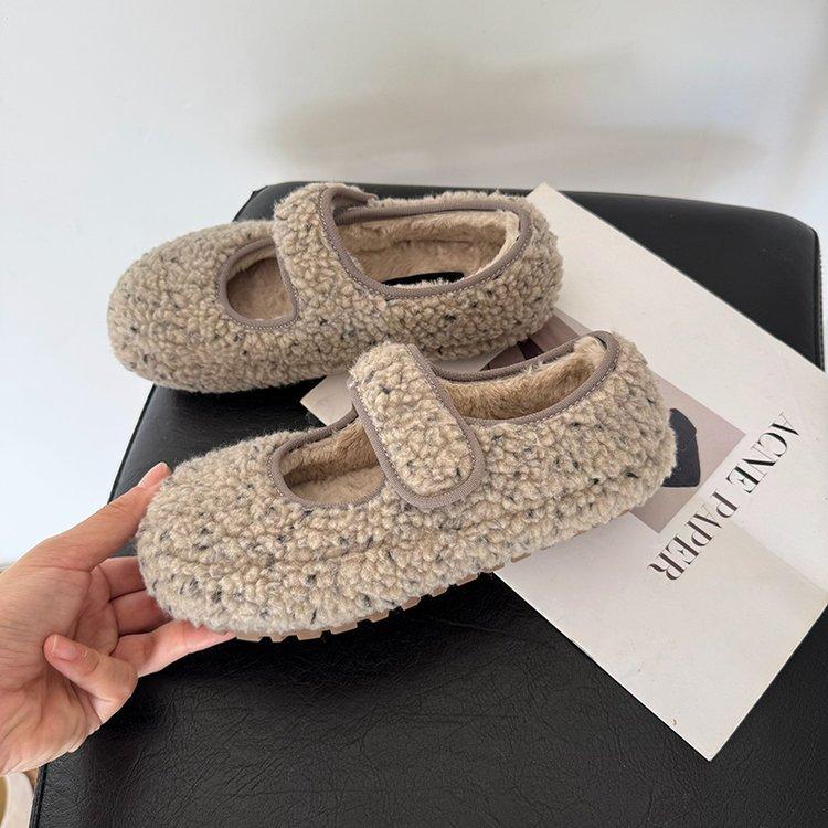 2025 winter Velcro French velvet warm bread shoes women's one-pedal fluffy single shoes women's Boken cotton shoes