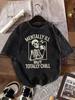 Vintage Skeleton Coffee Print T-Shirt Washed Cotton Acid Wash Streetwear Tee Retro Grunge Style Top Oversized Casual Unisex Wear