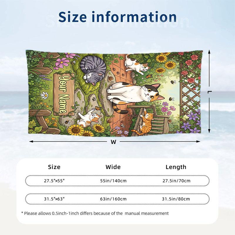 Cat Theme Beach Towel Personalized Custom Name & Text Soft Quick Dry Beach Towel for Swimming Travel