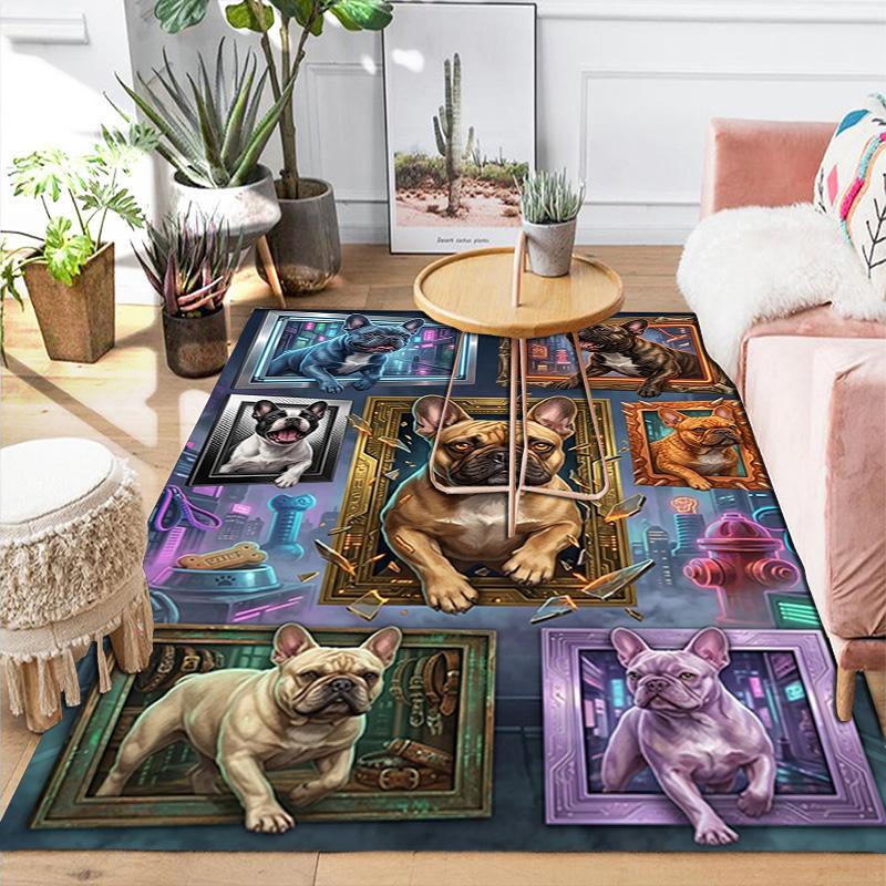 Frenchie Frames Neon Cityscape Pattern Rug Floor Mat for Living Room or Bedroom Soft and Comfortable Carpet a Gift for Birthday and Holiday.