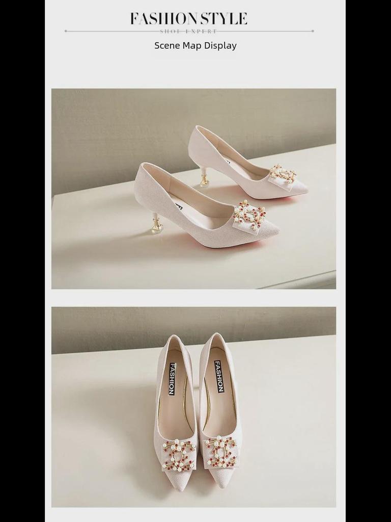 Tacones de aguja rojos de estilo chino para mujer con hebilla de perla