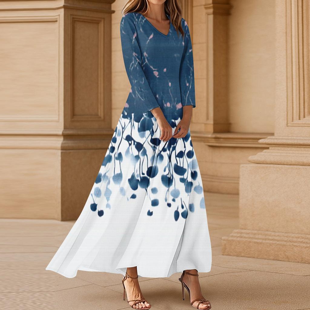 Women's Casual 3/4 Sleeve V-Neck Floral Print Maxi A-Line Beach Dress